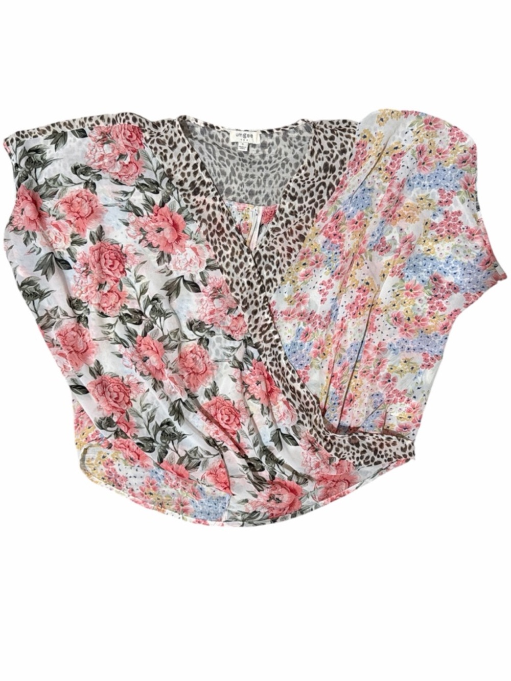 UMGEE Pink Multi Floral & Leopard Trim V-Neck Wrap Blouse